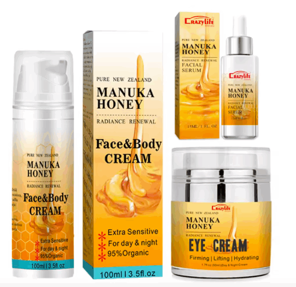 Organic Manuka Honey Face Serum & Cream Set | Moisturizing, Whitening, Anti-Wrinkle Skincare | Shrink Pores, Brighten, Plump & Smooth | 3pcs Serum + 100g Face Cream + 50g Eye Cream + 3pcs Set | Natural & Gentle | Unisex | Vegan | No Harsh Chemicals